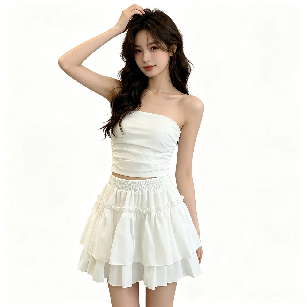 

Women Pleated A-Line Skirt White Ruffle Sweet Tiered Pretty Style Elastic Waist Summer Slim Casual Basic Korean Harajuku Dress