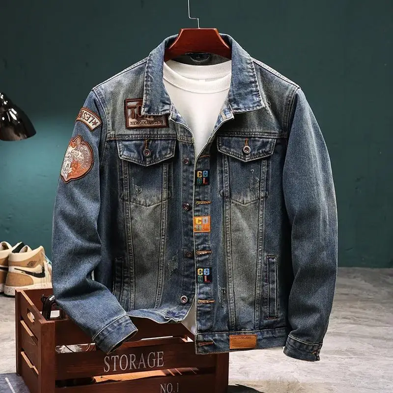 

Spring and Autumn Men's Denim Jacket Korean Version Slim Fit American Retro Handsome Trendy Motorcycle Jacket Men Clothing