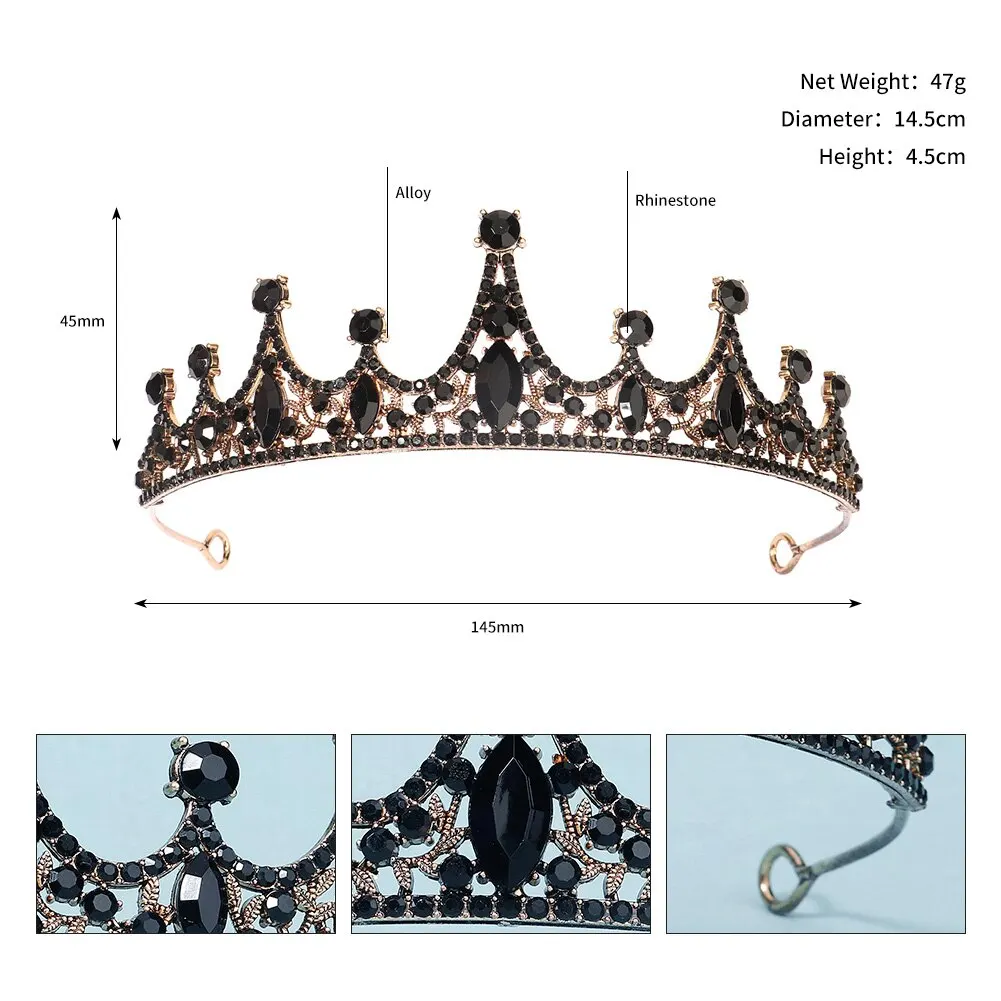 Czarny duży kryształ górski kryształ górski wesele biżuteria do włosów akcesoria urodziny tiary Halloween korona damska