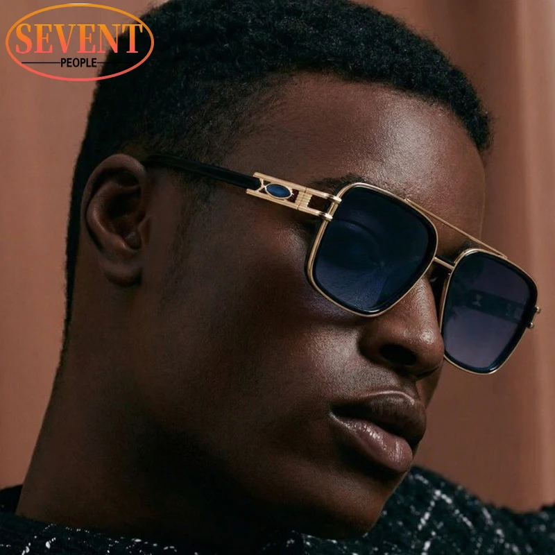 

Y2K Punk Square Sunglasses Men 2026 Luxury Brand Fashion Double Bridge Sun Glasses Blue Gradient Lens Steampunk Driving Shades