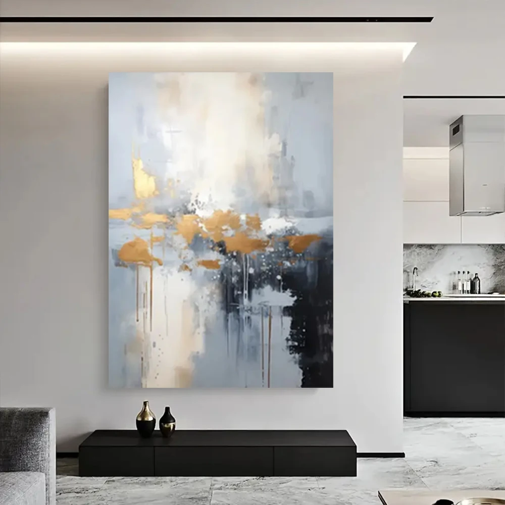 

Simple Hand-Painted Oil Paintings Modern Abstract Thick Texture Gray And Green Theme Canvas Poster Porch Living Room Wall Art