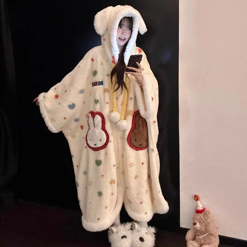 Cartoon-Muster mit süßem Miffy, Kapuzen-Bademantel aus Korallenfleece, Kawaii-Mädchen-Stil, verdicktes und mit Fleece gefüttertes, warmes Kapuzen-Homewear-Set – Detail 4