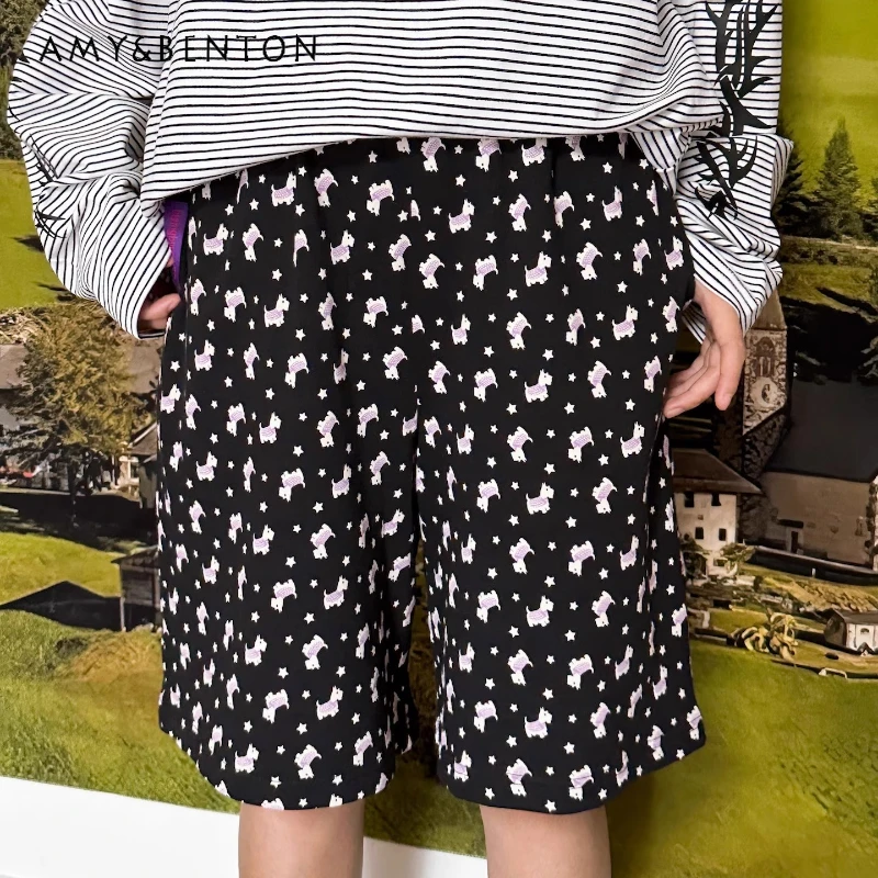 

Original Design Black Animal Print Women's Mid-Length Trousers Summer Loose Casual Comfortable Elastic Waist Five-Point Pants