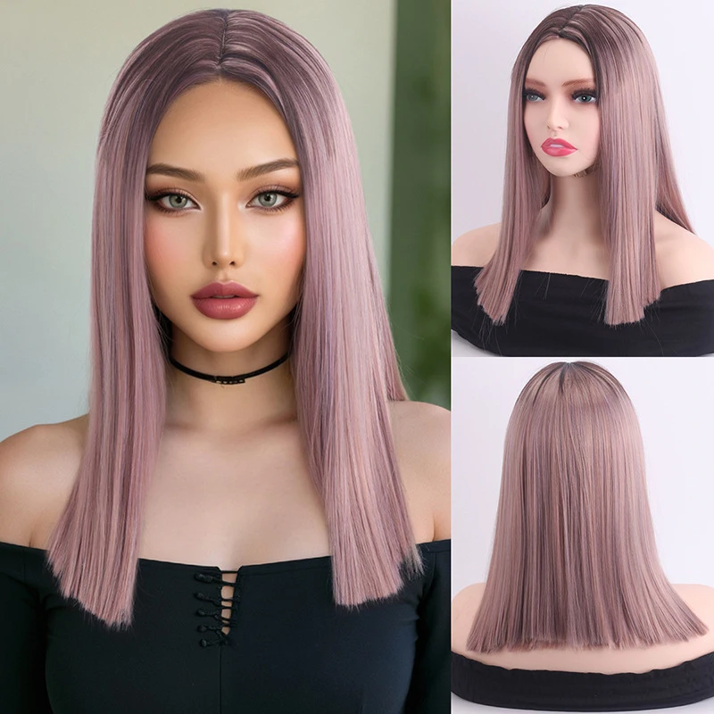

European American women's short straight shoulder-length middle-parted , nightclub and bar net pink-purple gradient wigs