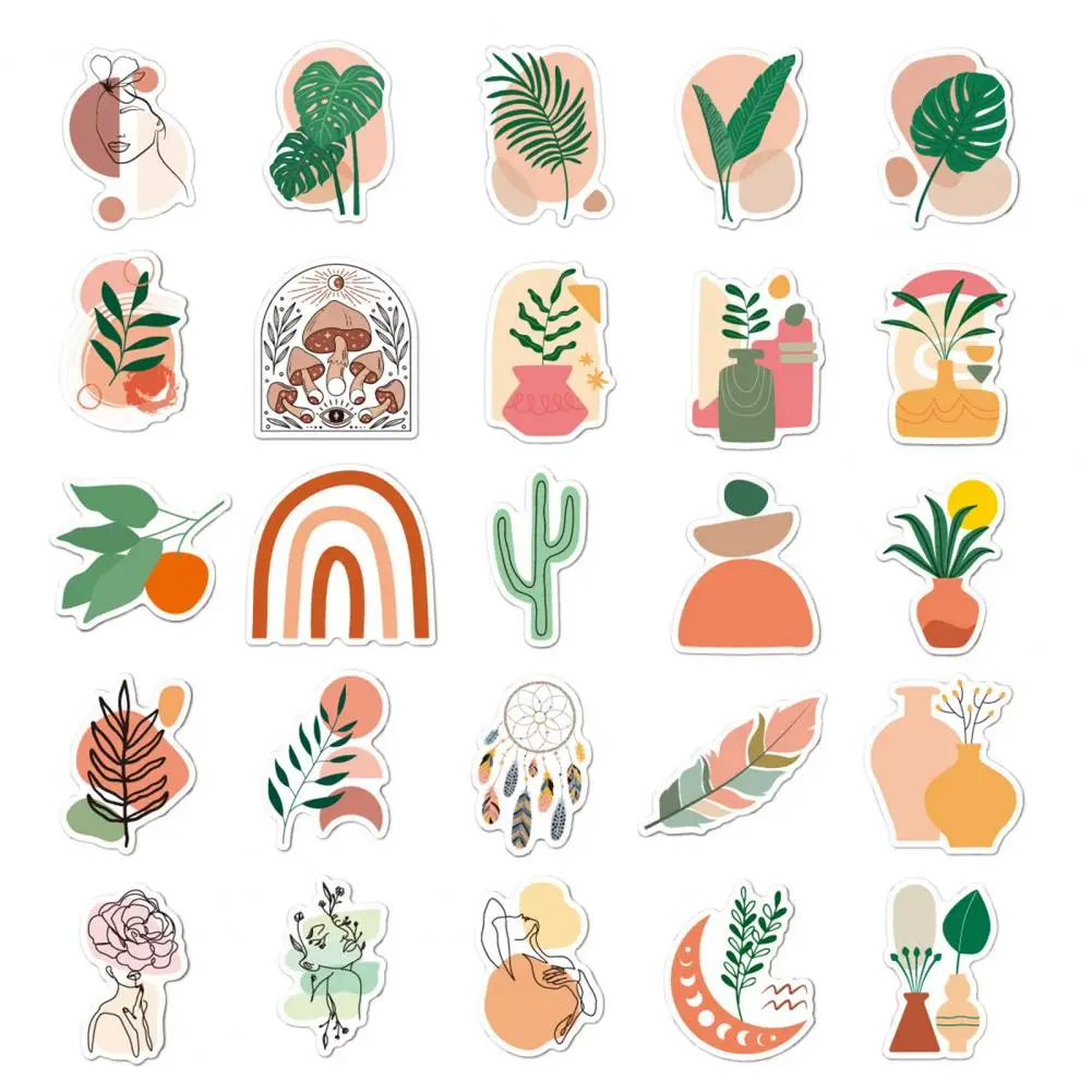 Pegatinas de papelería para piezas, pegatinas de dibujos animados de arte bohemio, impermeables, para ordenador portátil, equipaje, monopatín, teléfono y maleta, 50 Uds.