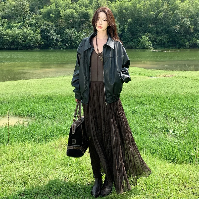 

Кожаная куртка Ele Bla в винтажном стиле, коричневая, с длинной юбкой, дизайнерским подолом и плиссировкой, для путешествий по Северо-Западному Синьцзяну