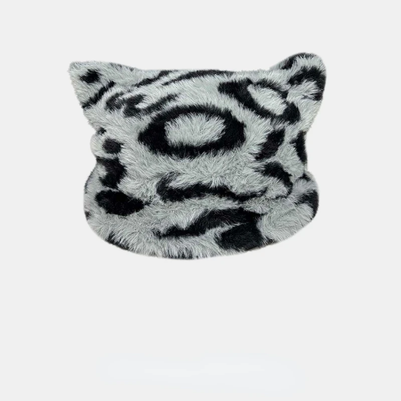 New Personalized Plush Leopard Print Cute Cat Ears Pullover Hat Winter Men's and Women's Warm Soft Ski Skull Beanie Cap Bonnet