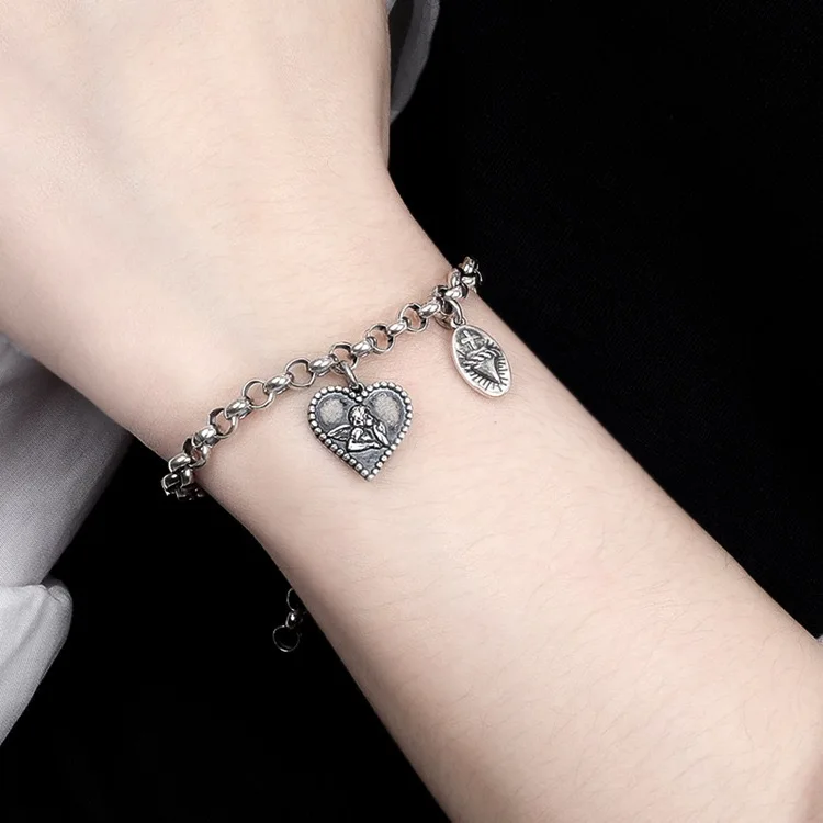 925 Sterling Silver Bracelets for Women Men String Accessories Trend Vintage Heart Pendant Party Jewelry Gift