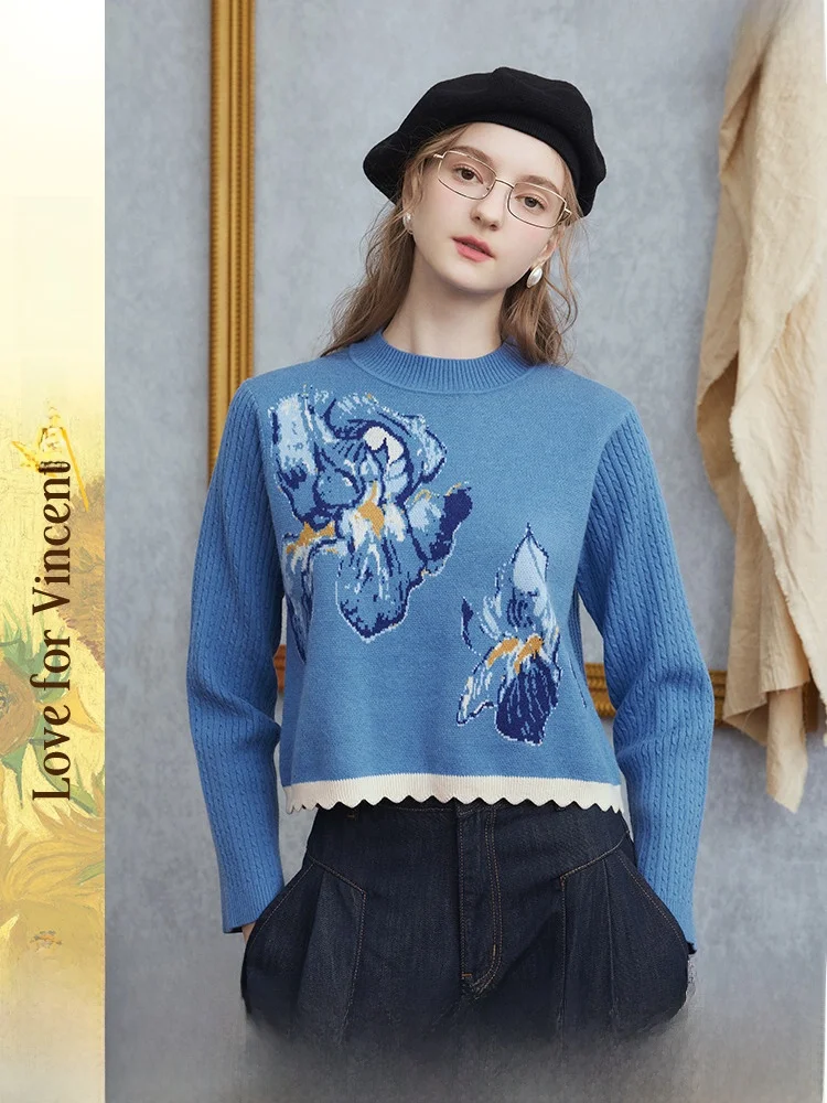

Van Gogh Artistic Iris Flower Embroidered Knitwear Women's Overhead Long Sleeve Soft Polyester Blend Vintage Style Tunic