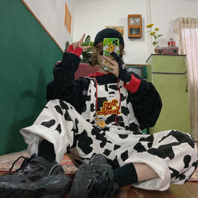 

Harajuku Girl Cow Print Black and White Check Overalls Overalls Casual Street Hip-hop Trousers Baggy Pants Female Fun Suspenders