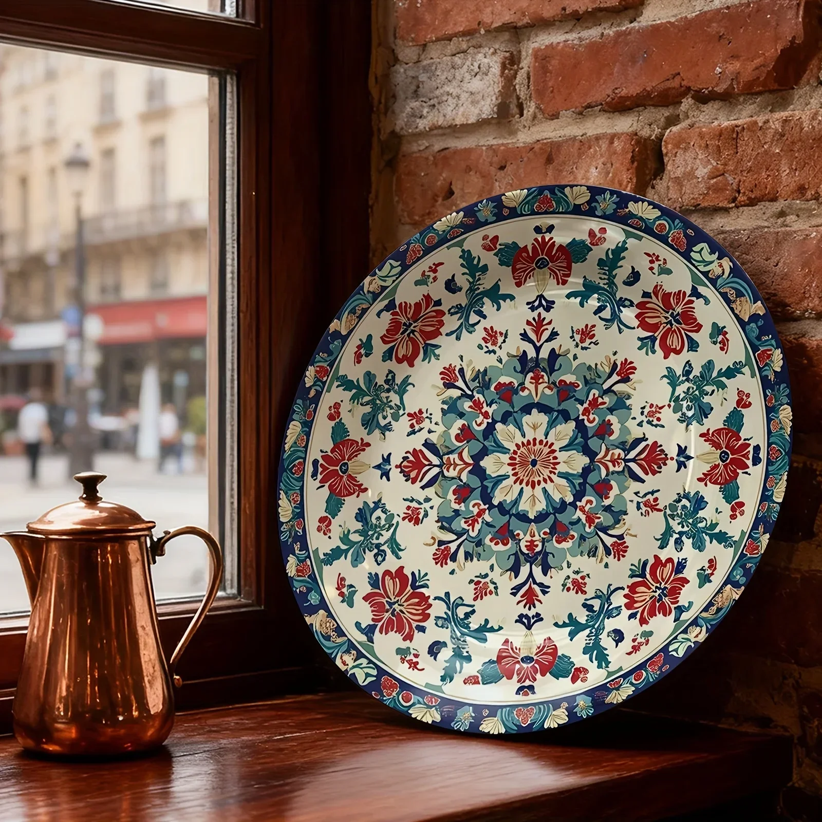 Assiette décorative unique avec motif floral symétrique rouge et bleu, signification porteuse de bon augure, céramique non alimentaire (sans contact alimentaire)
