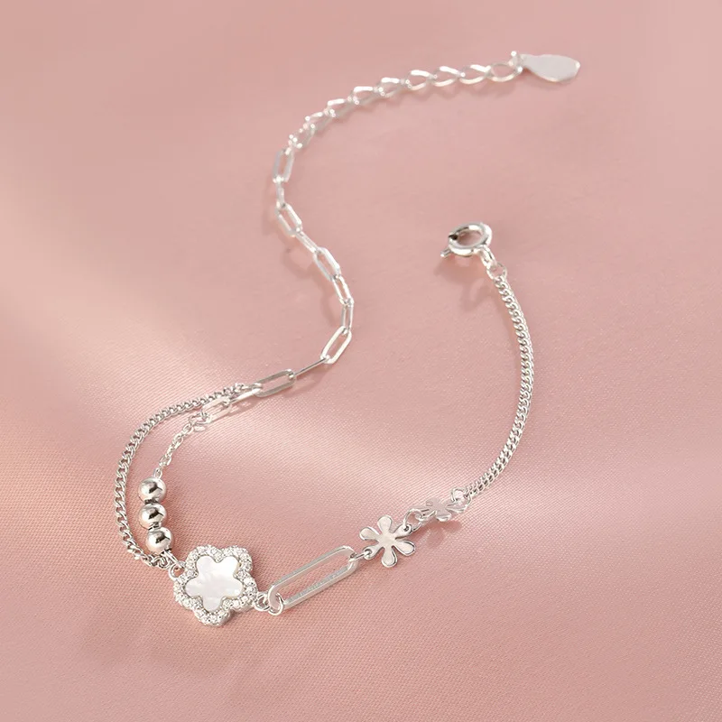 925 Sterling Silver Five petal Flower Bracelet Double Layer Zircon Ball Shell Bracelet Simple Fashion Jewelry Birthday Gift