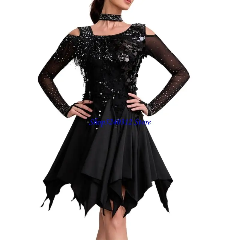 634C Profesjonalna sukienka do tańca latynoamerykańskiego, z cekinami i frędzlami, z długim rękawem, poliestrowa, na występy i