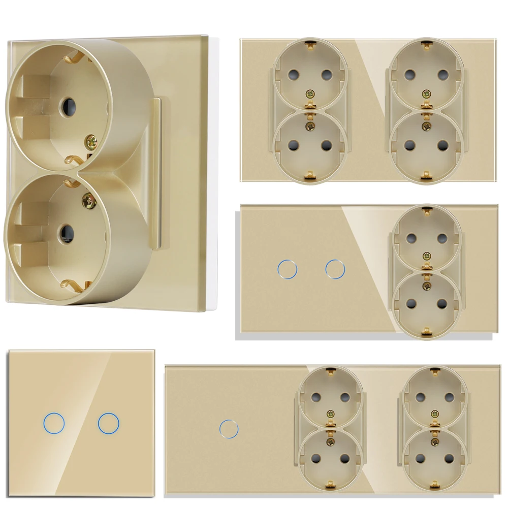 Bingoelec Wall Double Electrical sockets With Light Touch Switch Gold Glass Socket Triple Electric Sockets Power Outlets 16A