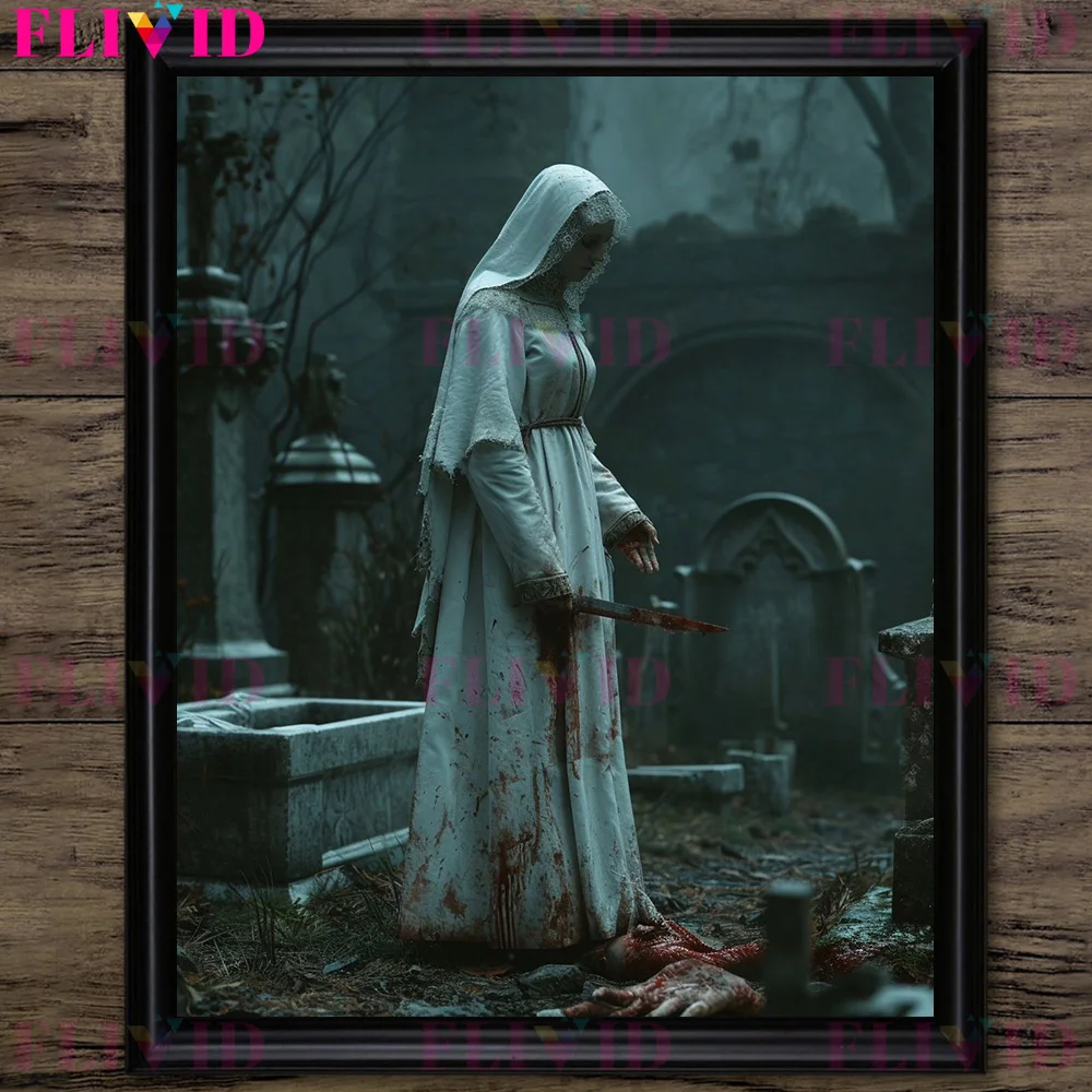 The Murderous Nun In The Cemetery,Vintage Wall Art Canvas Painting Horror Ai Artwork Poster And Print Home Decoration Unframed