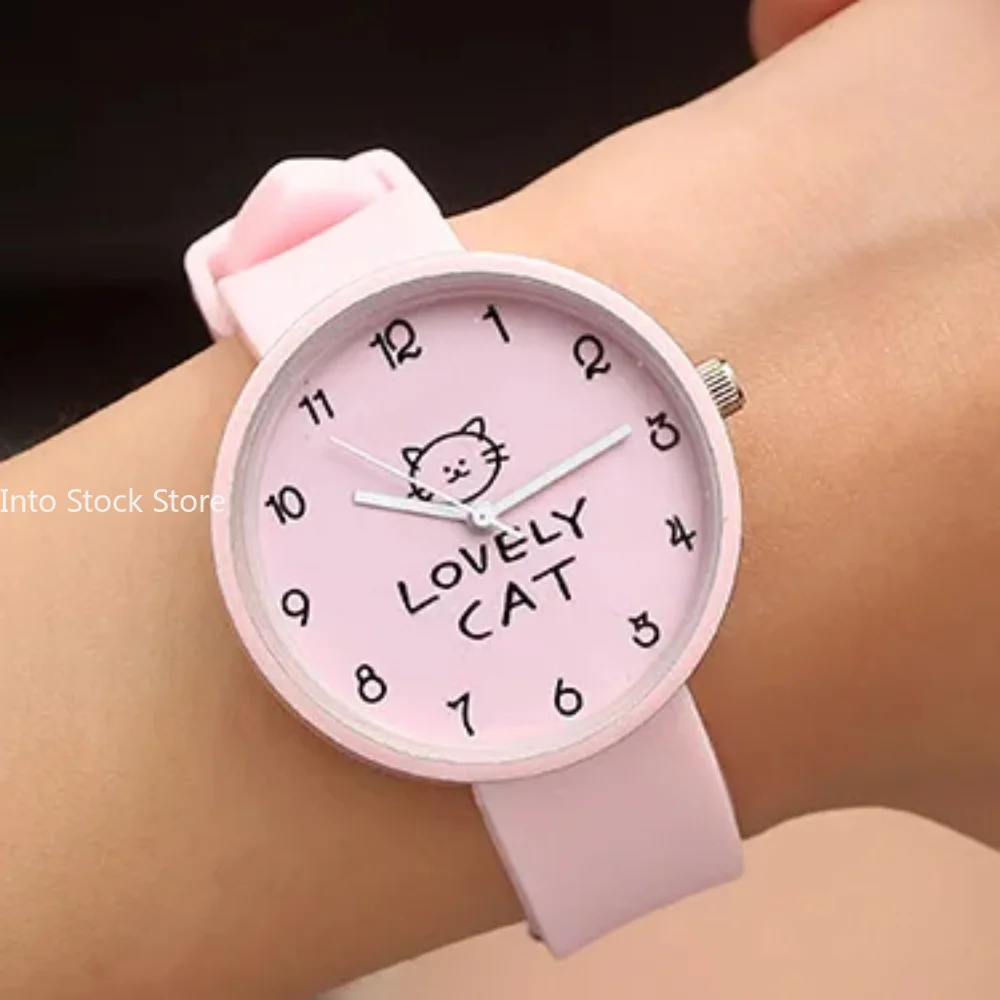 Cartoon Kids Quartz Watch Silicone Strap  Alloy Dial Students Watches Girls Multicolor Clock Cat Watches Wristwatch Ladies Часы