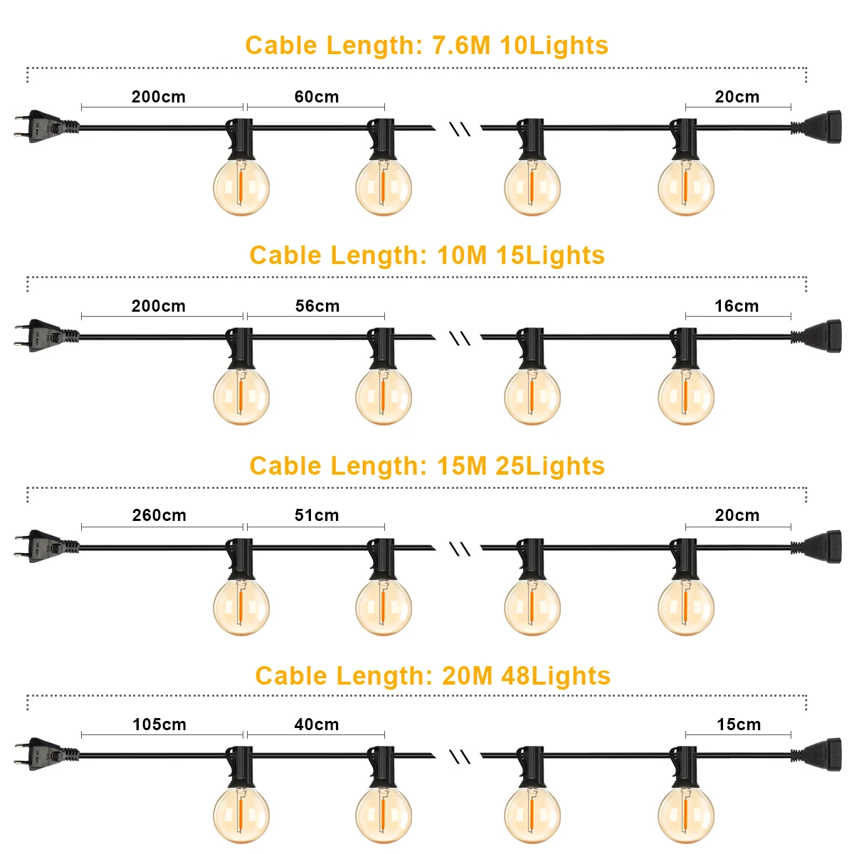 G40 Outdoor String Light Vintage Amber Glass Led Bulb Dimmable IP44 Waterproof Home Patio Decor Connectable Garland Fairy Light