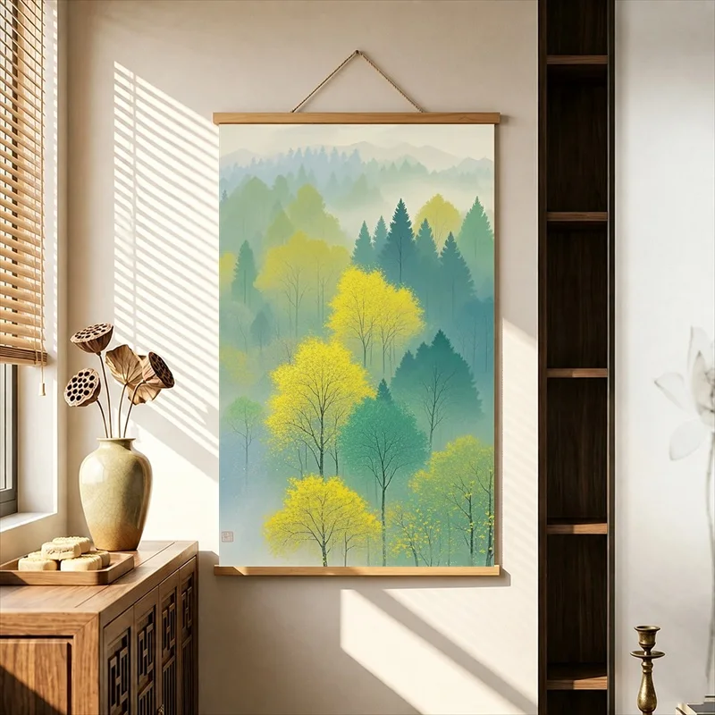 Misty Mountain Forest Canvas Wall Art Hanging Scroll Tranquil Nature Illustration with Wooden Rods for Living Room Decor