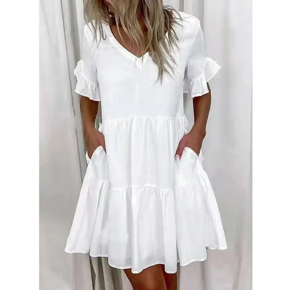

2025 Summer Dress Women Ruffles V-Neck Loose Mini Dresses Women Elegant Short Sleeve Pockets Floral Print dress