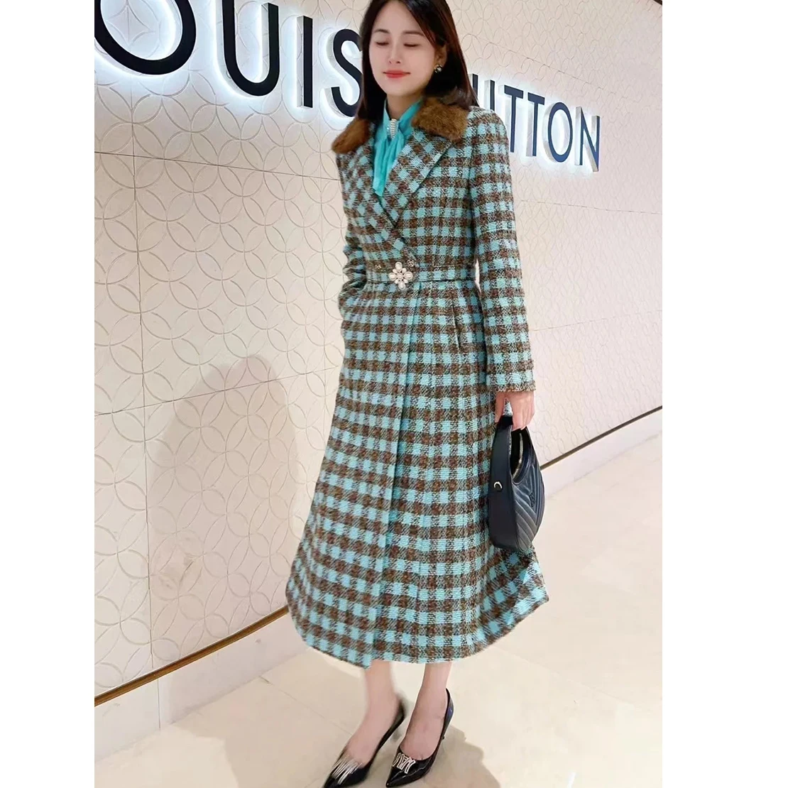 

Ele High Waist Woolen Coat Women's Spring Autumn Water Rabbit Fur Collar Gingham Pattern A-Line Dr Single Piece