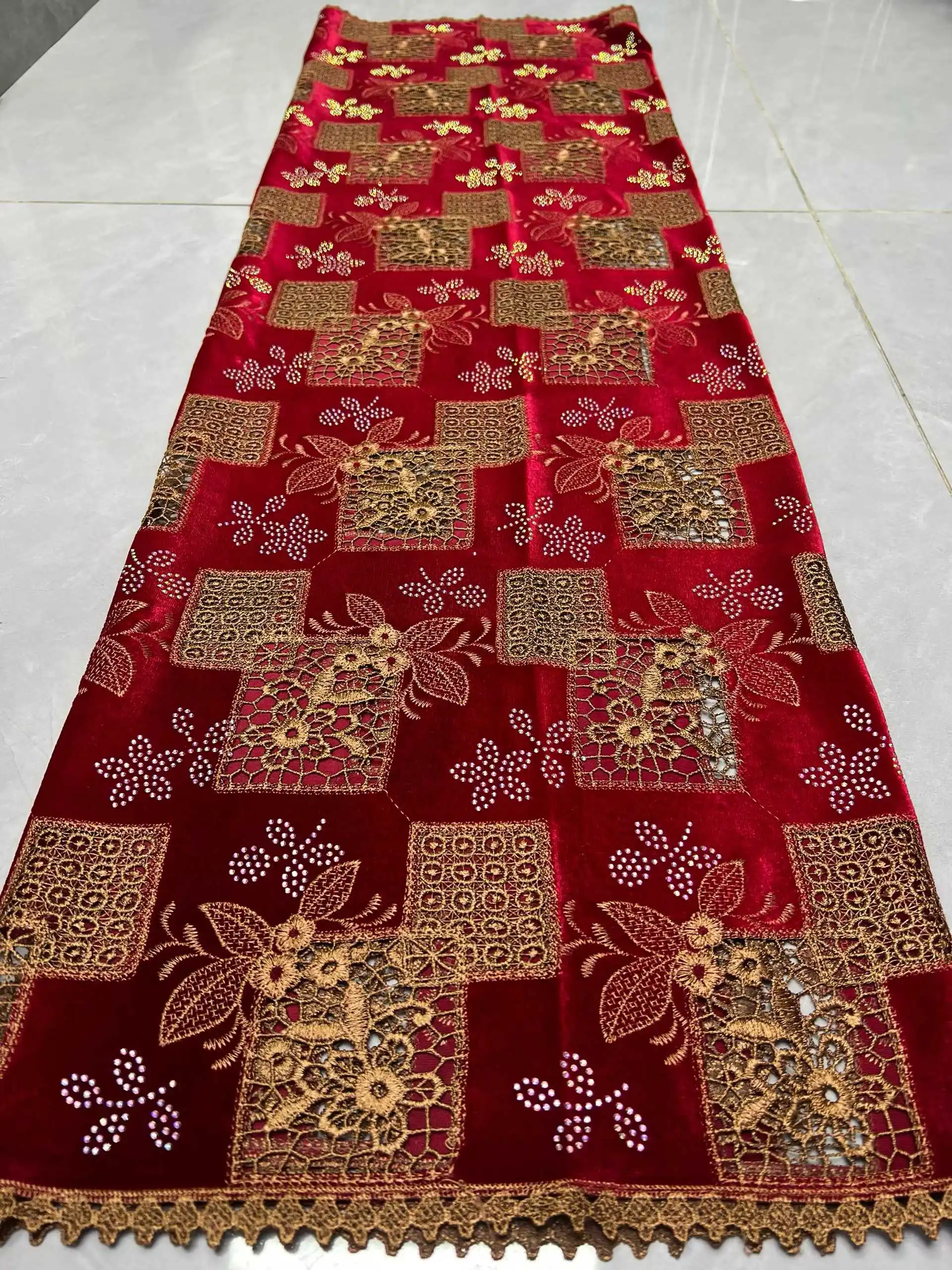 New Diamond Velvet Fabric Laser Embroidered Hotfix Rhinestone Floral African Lace for DIY Wedding Dresses Cloth Sewing by Yards