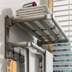 Bi-Fold 24 Inch Towel Rack with Bar Holder Shelf Movable Hooks Rust Proof Towel Storage Wall Mount for Bathroom