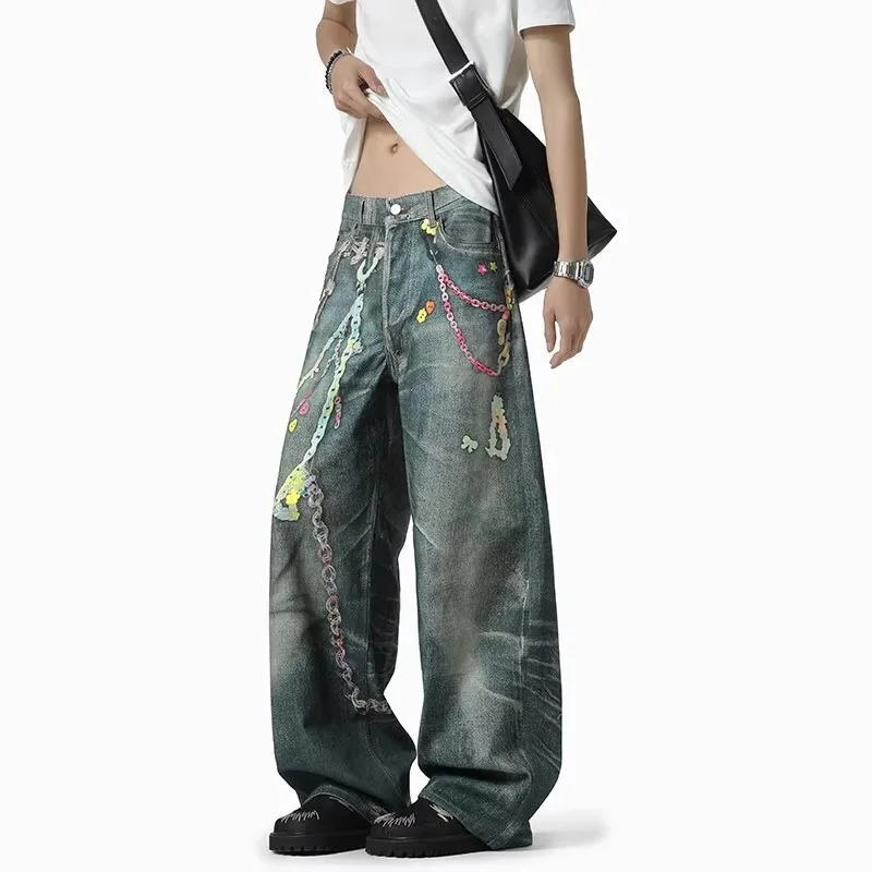 

Men's New Summer Heavy Trendy Brand Old Wide-leg Slightly Flared Trousers Chrome Darts Top Japanese 2000s Y2k Clothes Man Pants
