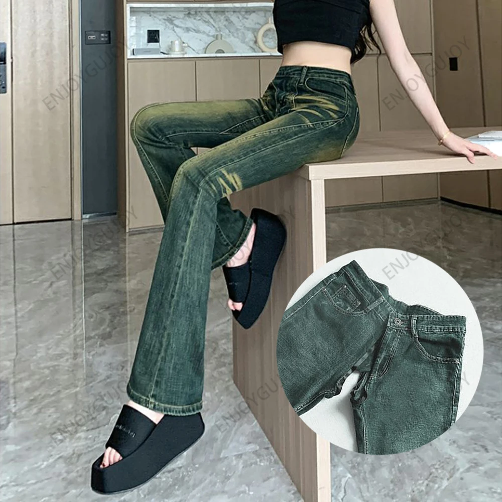 Horseshoe Trousers with Invisible Open Crotch, Retro Micro Flared Jeans, Elastic High Waist, Slim Fit, Mopping the Pants, Outdoo