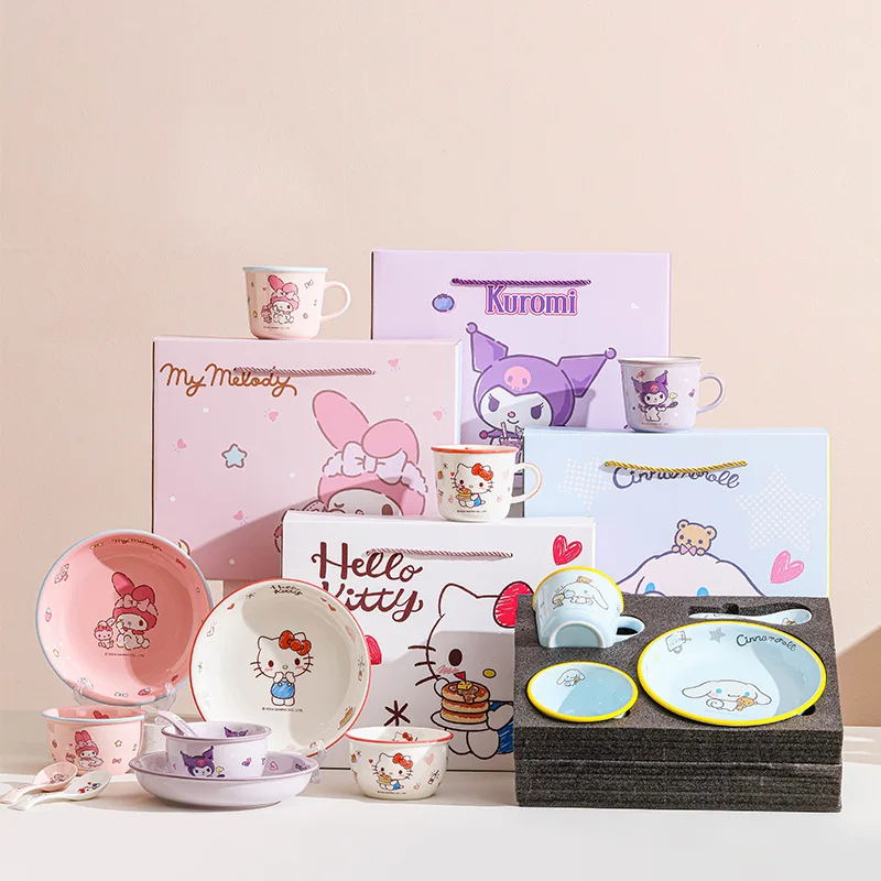 

Керамическая посуда с рисунком «Hello Kitty», подарочная коробка, набор Kawaii Kuromi My Melody Cinnamoroll, бытовая посуда, подарочная коробка