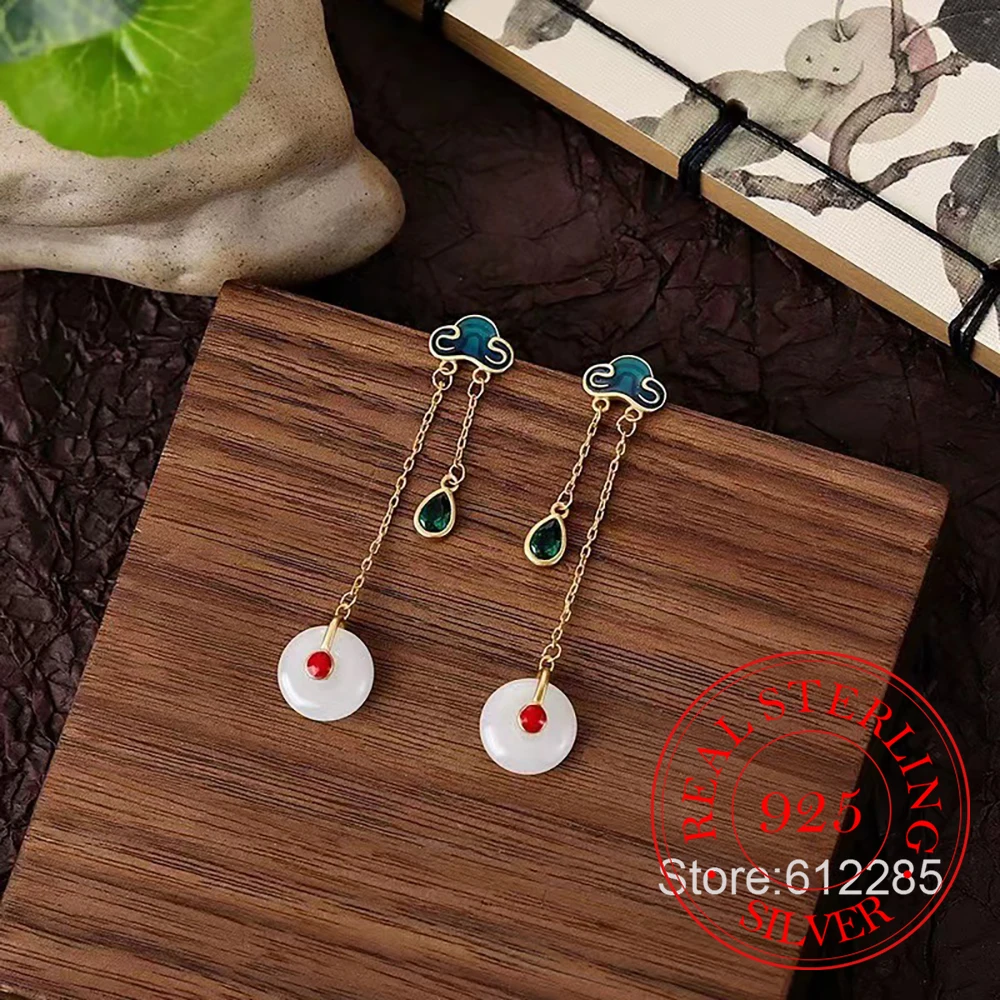 

925 Sterling Silver Jewelry 18K Gold Plated Natural Jade Enamel Long Tassel Stud Earrings for Women Wedding Party Jewelry Gift