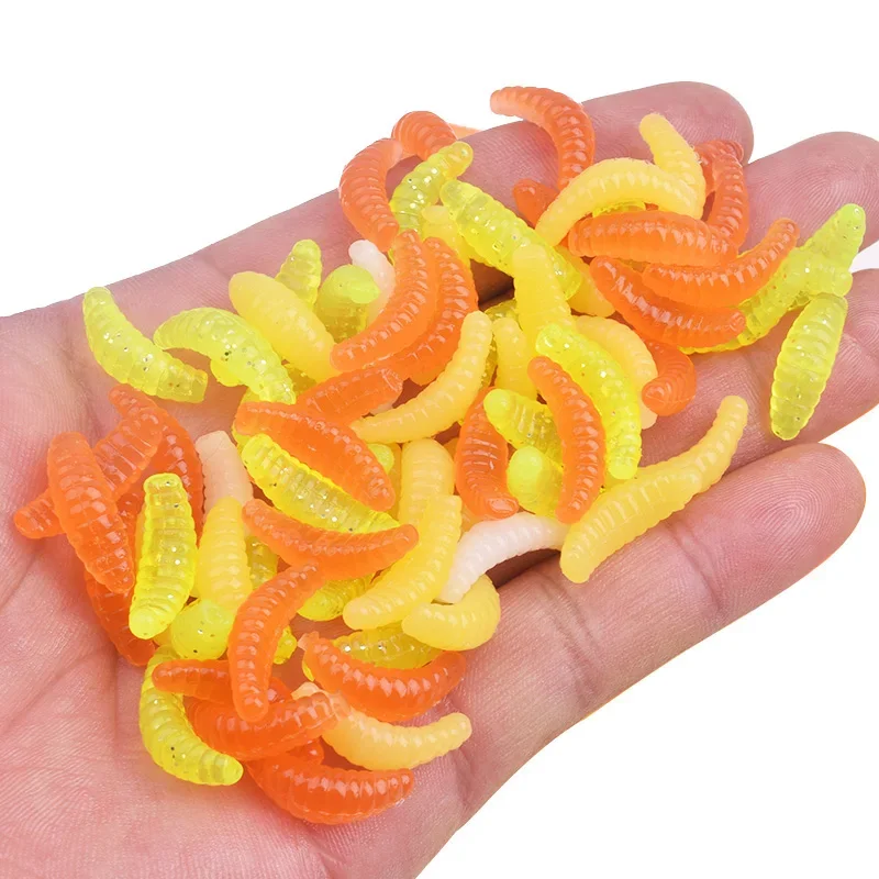 50 or 100Pcs 2.2cm Maggot Soft Lures Fishy Smell Bread Worm Bait Silicone Fishing Isca Artificial Tackle Silicon Bait Carp Trout