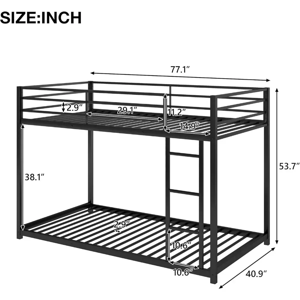 Dormitory Beds, Metal Bunk Bed Twin Over Twin, Low Bunk Bed Frame with Ladder & Guardrail for Teens Adults Dormitory Bedroom