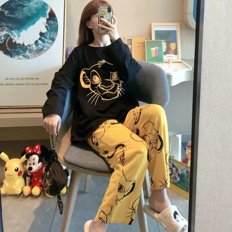 The Lion King Simba Cute Pajamas Set Autumn Winter Long Sleeve Leisure Sleepwear for Women Loose Nightwear Homewear Suit