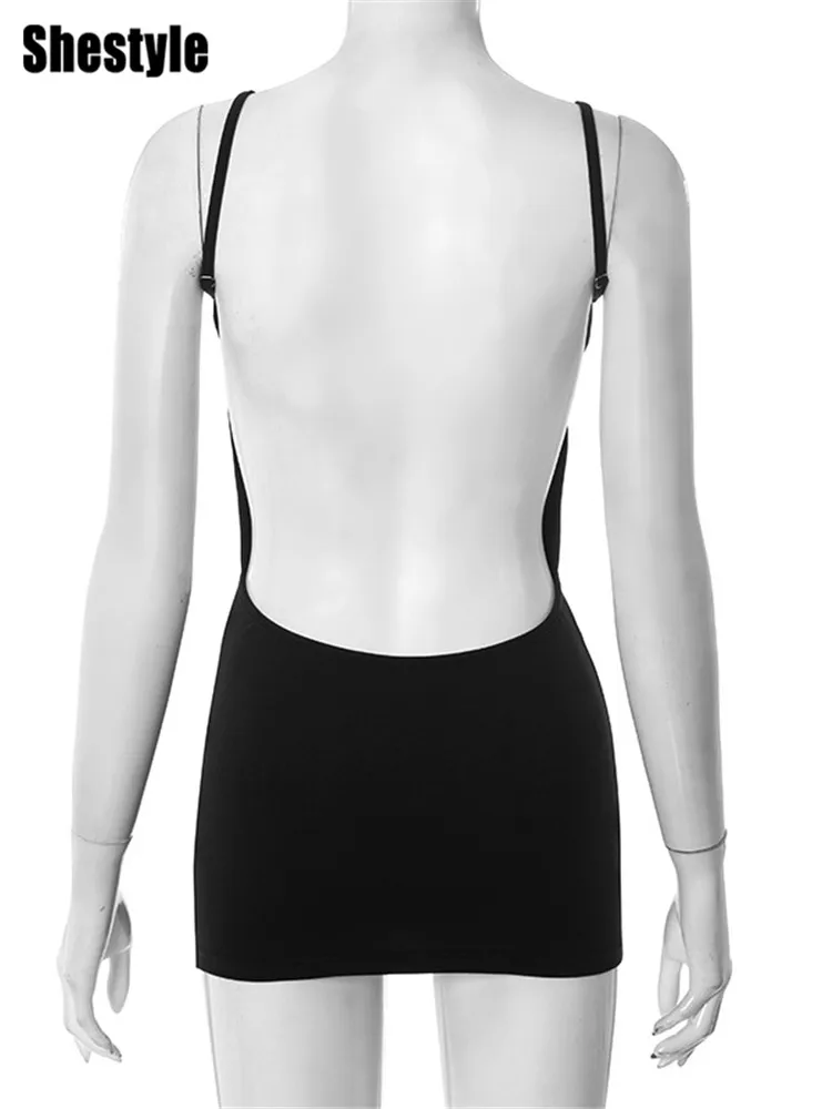 Shestyle Czarna Sukienka Mini Bez Pleców Damska na Cienkich Ramiączkach, Bielizna Klubowa, Wyjątkowo Gorąca, Obcisła, Seksowna