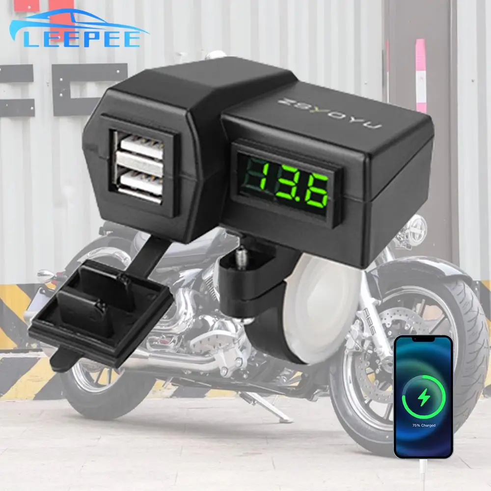 Dual Ports Splitter With 25A Fuse With Voltmeter Waterproof Cover Motorcycle USB Chargers 12-24V 5V 3.6A Quick Charge 3.0