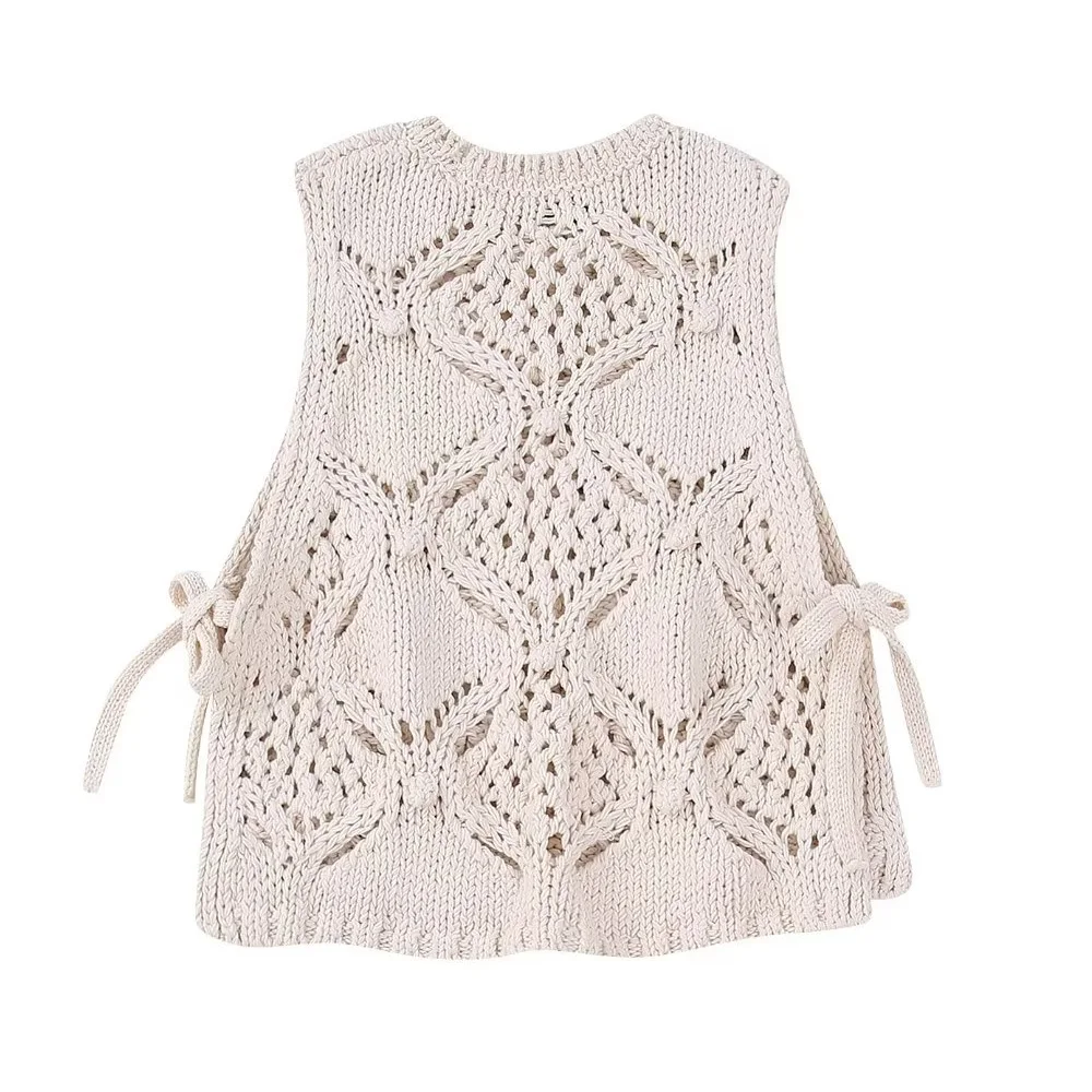 Sexy Side Vents O Neck Female Waistcoat Chic Tops  Women Fashion With Tassel Open Knit Crop Vest Sweater