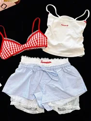 Y2k Elastic V Neck Sling Plaid Top Female + Elastic Waist Bow Short Pants 2024 Casual Lace Slim 4 Piece Set Women Fashion