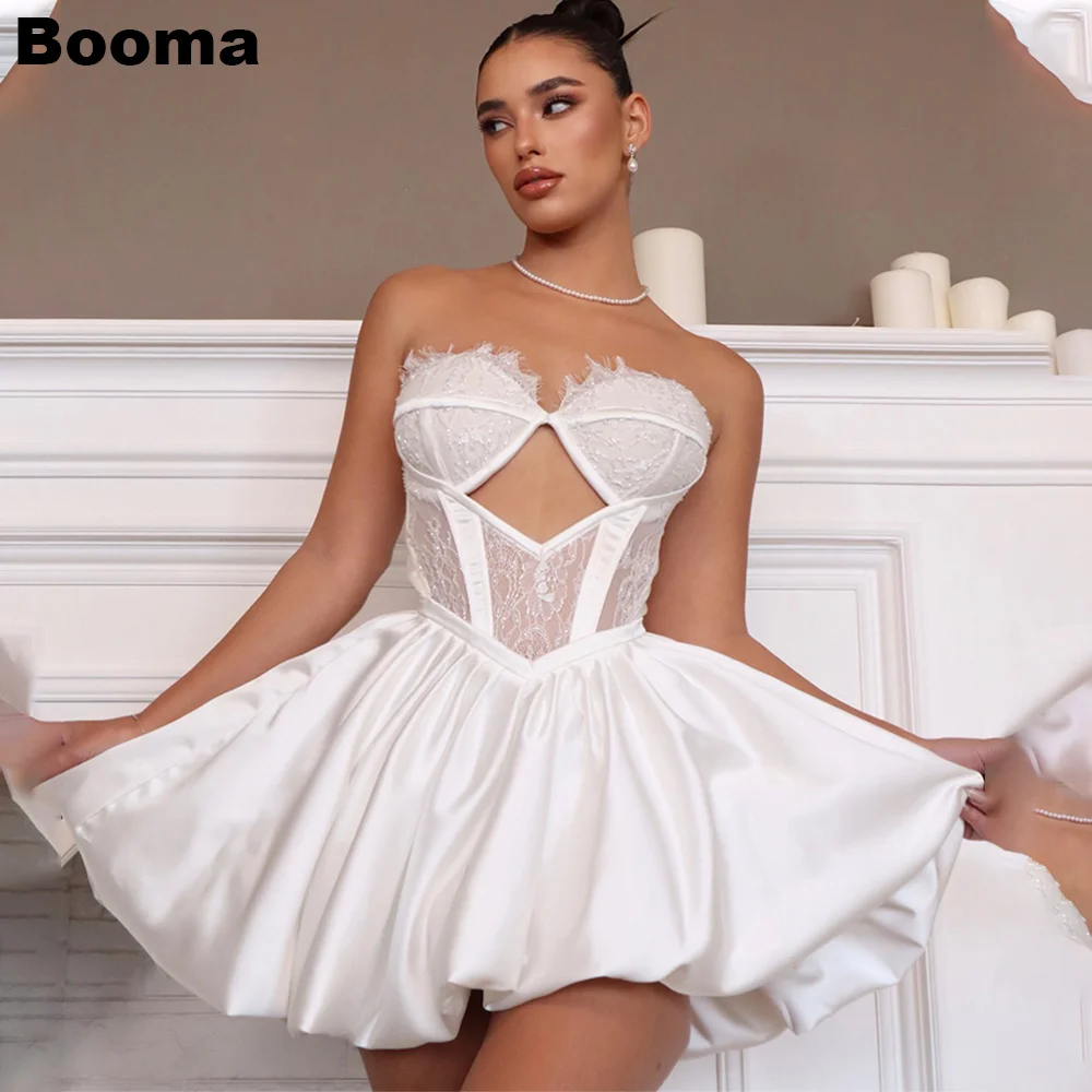 

Booma A-Line Mini Wedding Party Dresses Sweetheart Puff Skirt Brides Dress for Women Stain Lace Cocktail Gowns vestido de novia