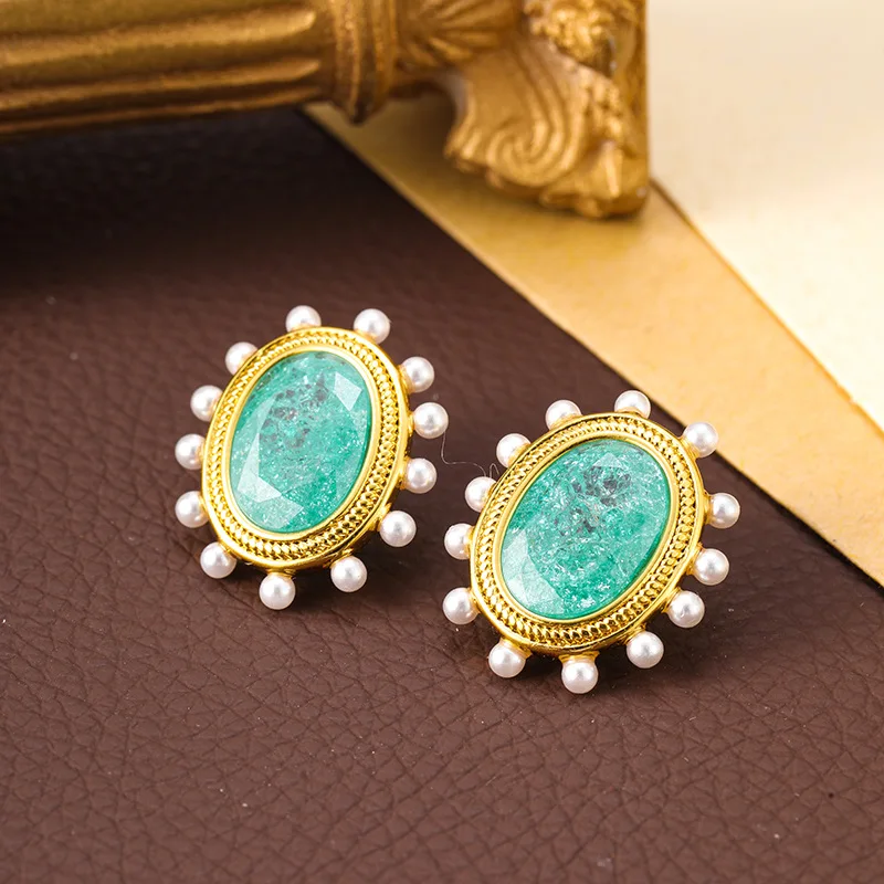 

French commuter retro ice crack zircon inlaid pearl temperament stud earrings