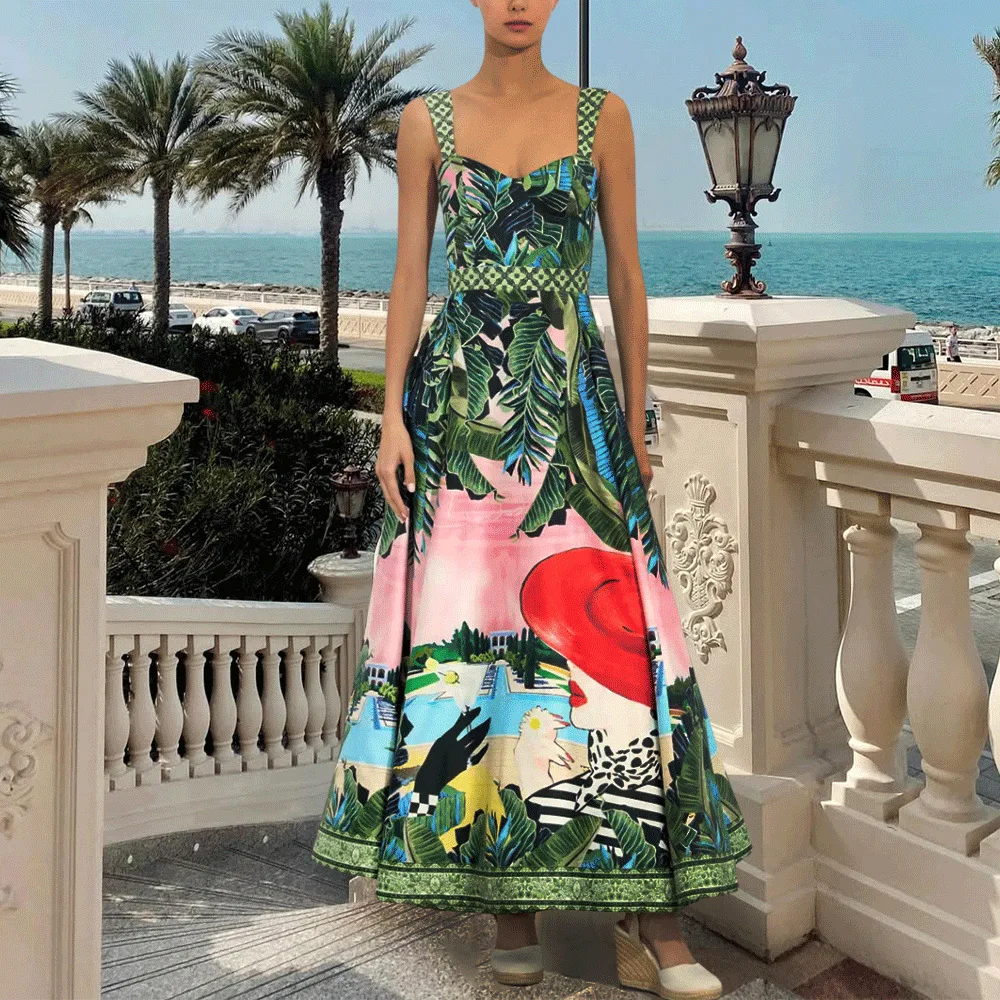 One-piece Women Floral Printed Swimwears Vintage Swimsuit Set Beach Dress Vacation Style Wear Maxi  Skirt