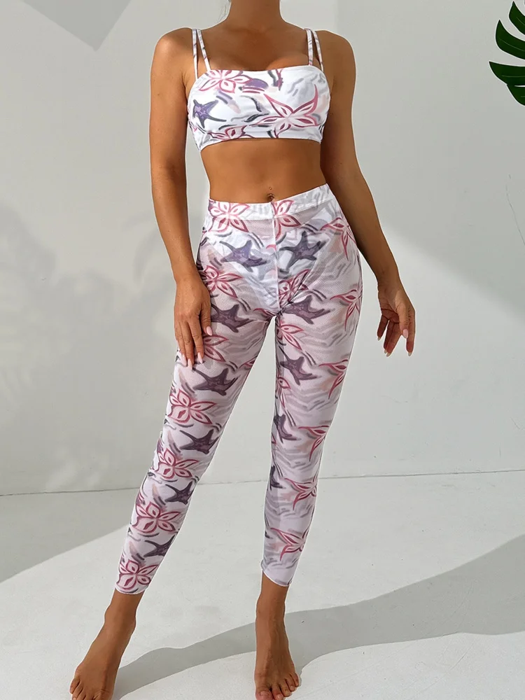 Bikini Women Swimsuit 2025 New Print Sling Bikinis Set Sexy Thong Swimwear Summer Mesh Trousers Beach Wear Bathing Suit Female