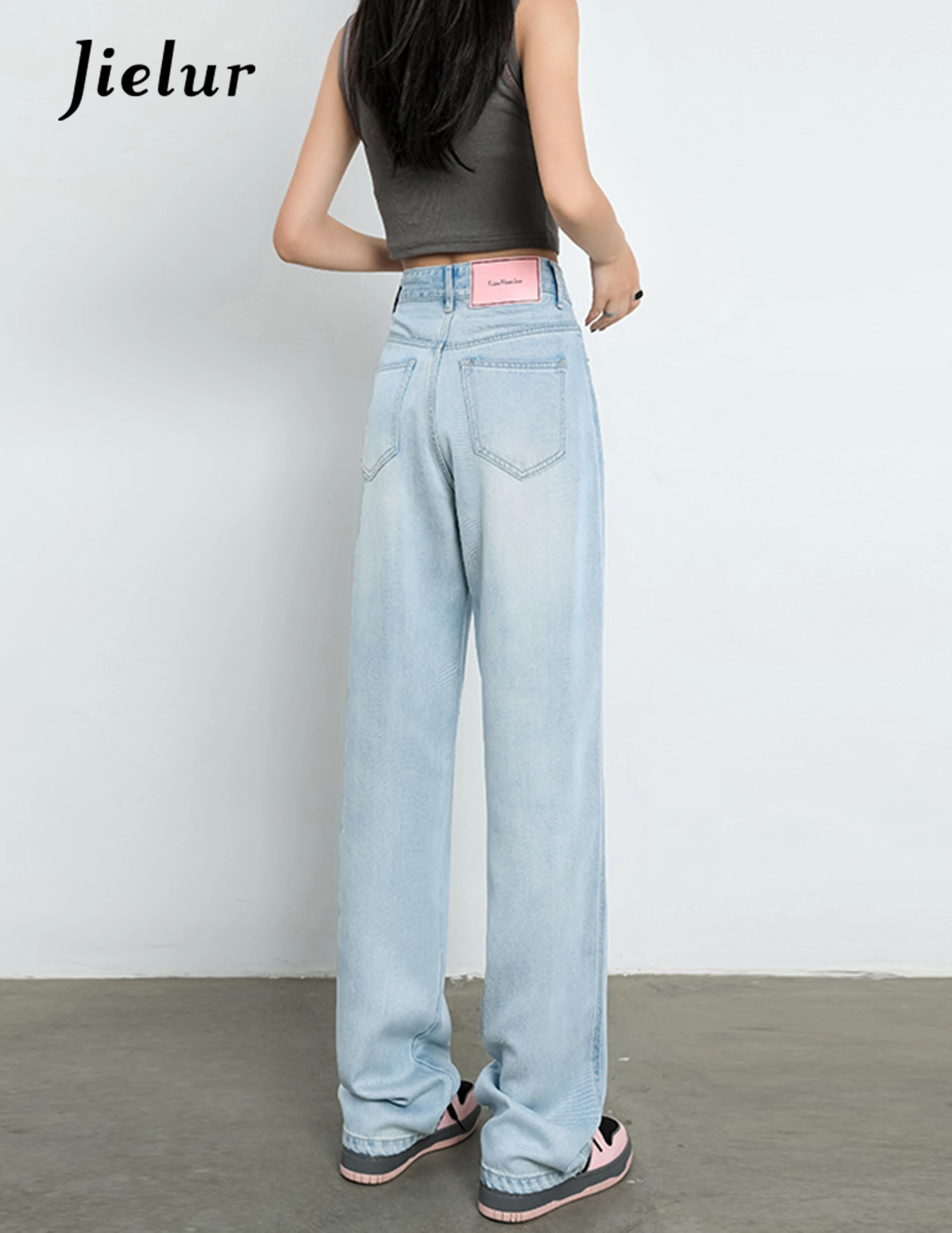 New Simple Basic Women Jeans Fashion Street High Waist Woman Jeans Blue Slim Casual Loose Straight Pants Female Chicly