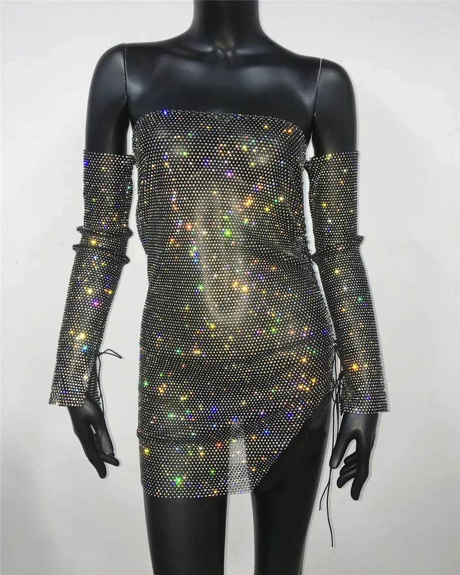 Women Strapless Dress With Arm Sleeve Glitter Rhinestone See Through Hollow Out Side Split Dress Nightclub Party Cocktail Dress