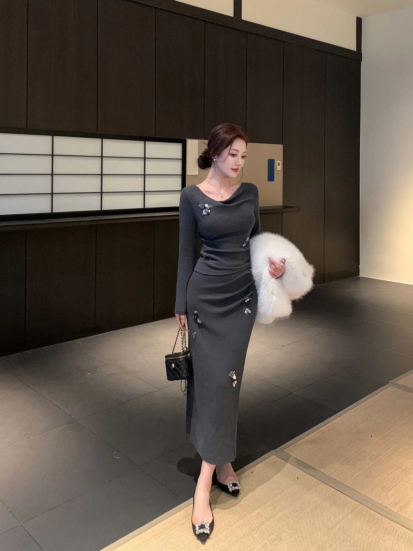 

Lin Guan ey Sequin Long Sve Knitted Wrap Skirt Set Slim Fit Winter Elegance High Waist Midi Dr Faionable Women's En...