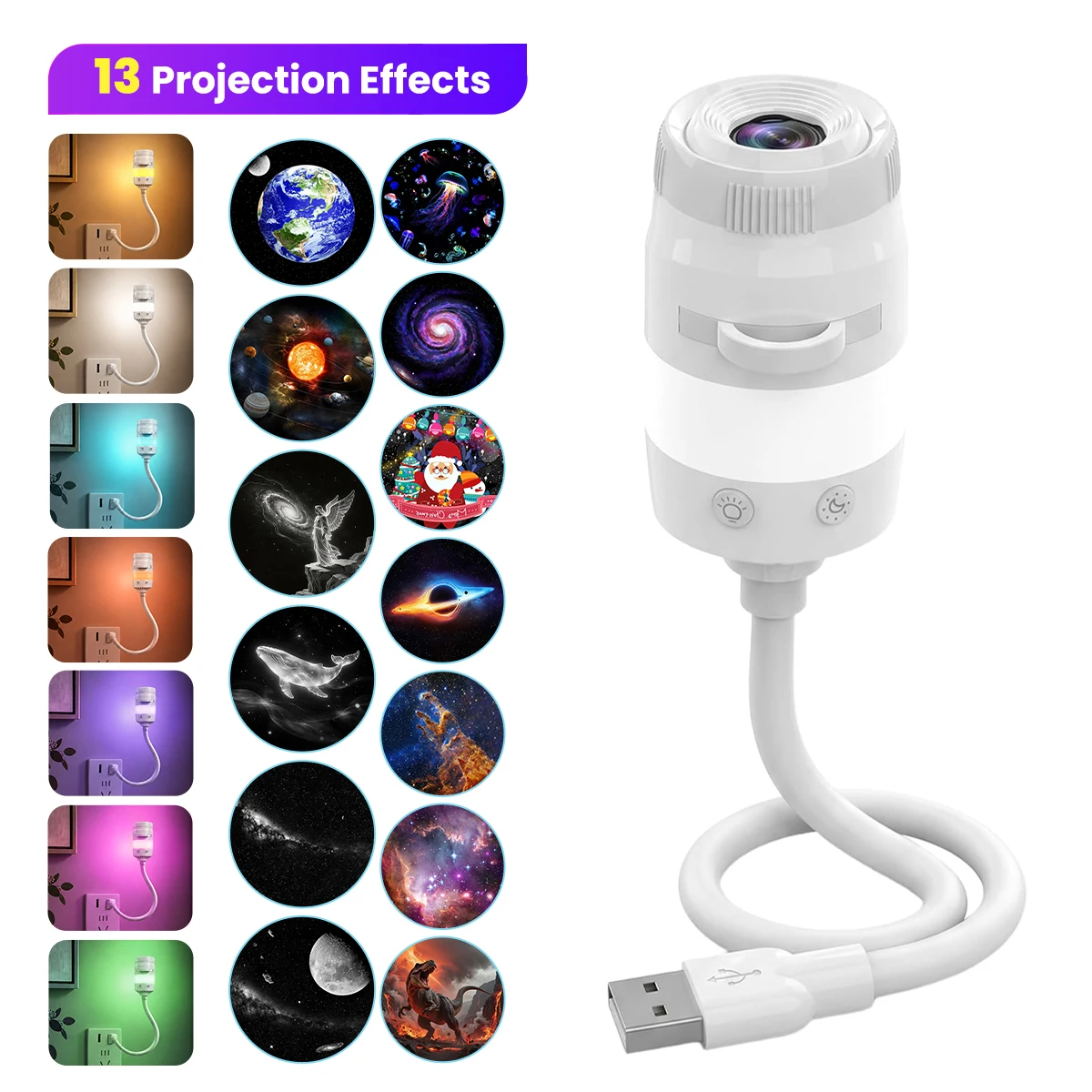 Lampa nocna Aiopp Galaxy z projekcją, 13 wzorów, elastyczny, giętki, regulowany „gęsia szyja” i możliwość precyzyjnej regulacji ostrości obrazu, wielofunkcyjna lampa do tworzenia nastrojowych — 2