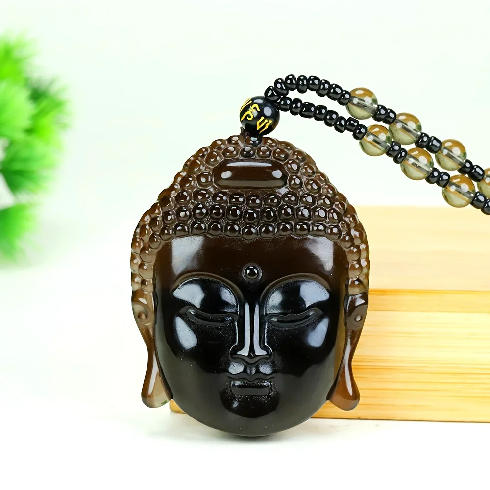 Men's Fashion Obsidian Buddha Head Pendant - Casual, Natural Stone