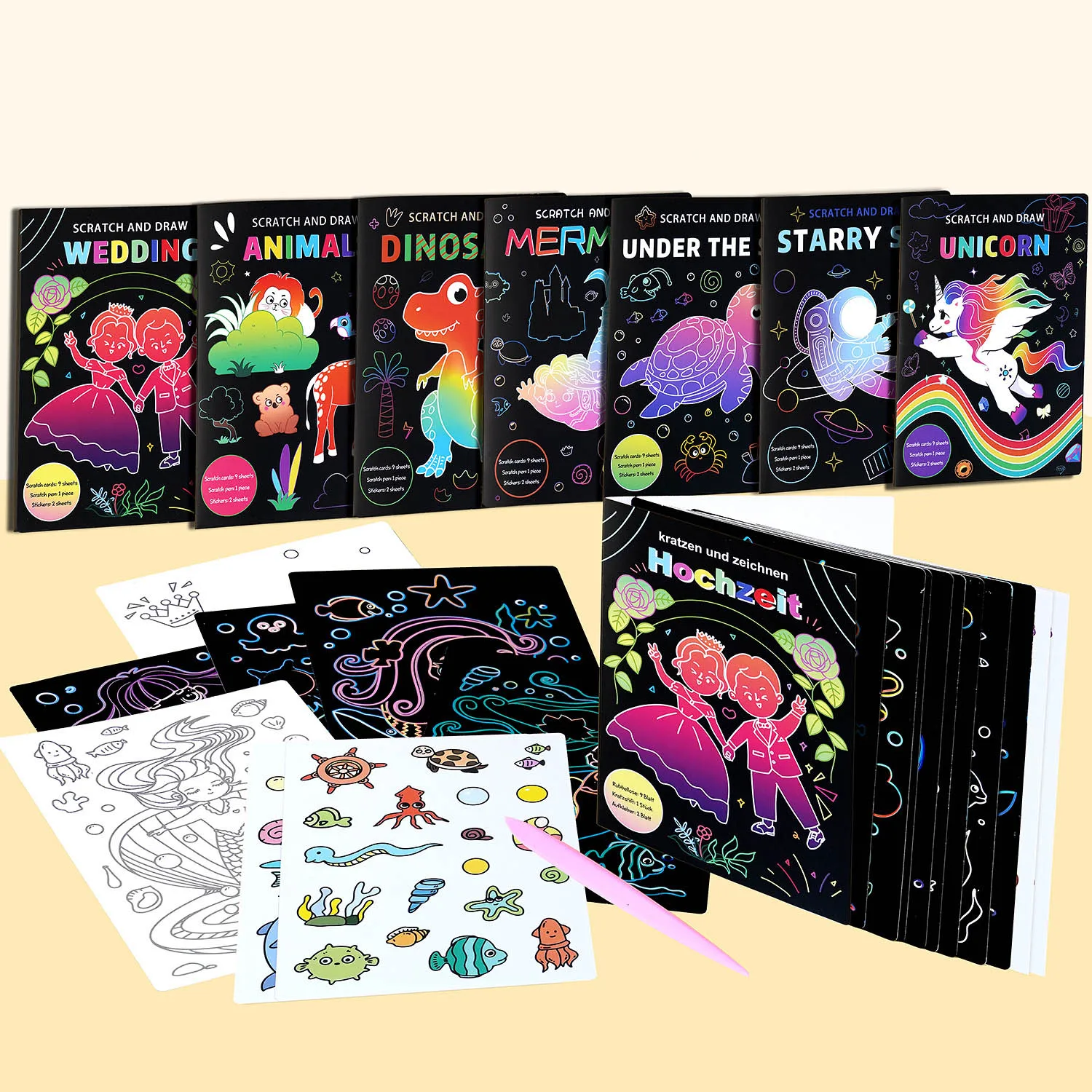 New Children Scratch Painting Handmade DIY Creative Graffiti Unicorn Mermaid Theme Colouring Scratch Painting Birthday Gift