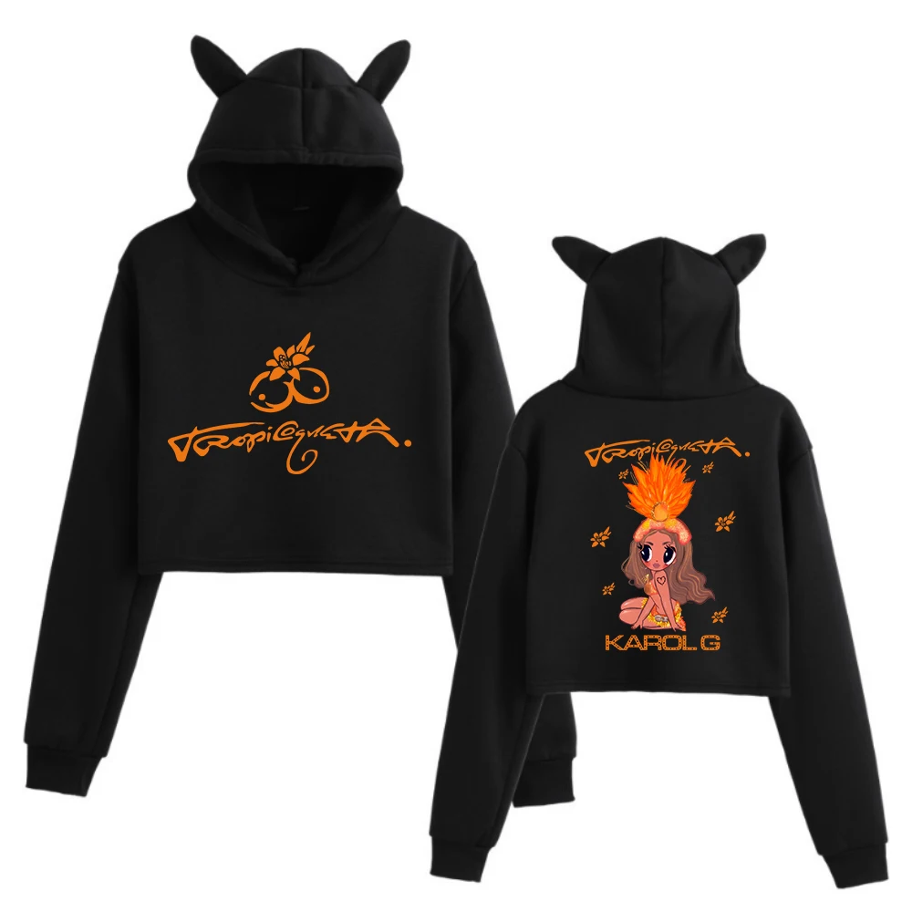 Karol G TROPICOQUETA 2025 Tops cortos Orejas de gato Tops cortos de manga larga Sudadera con capucha de moda para niñas
