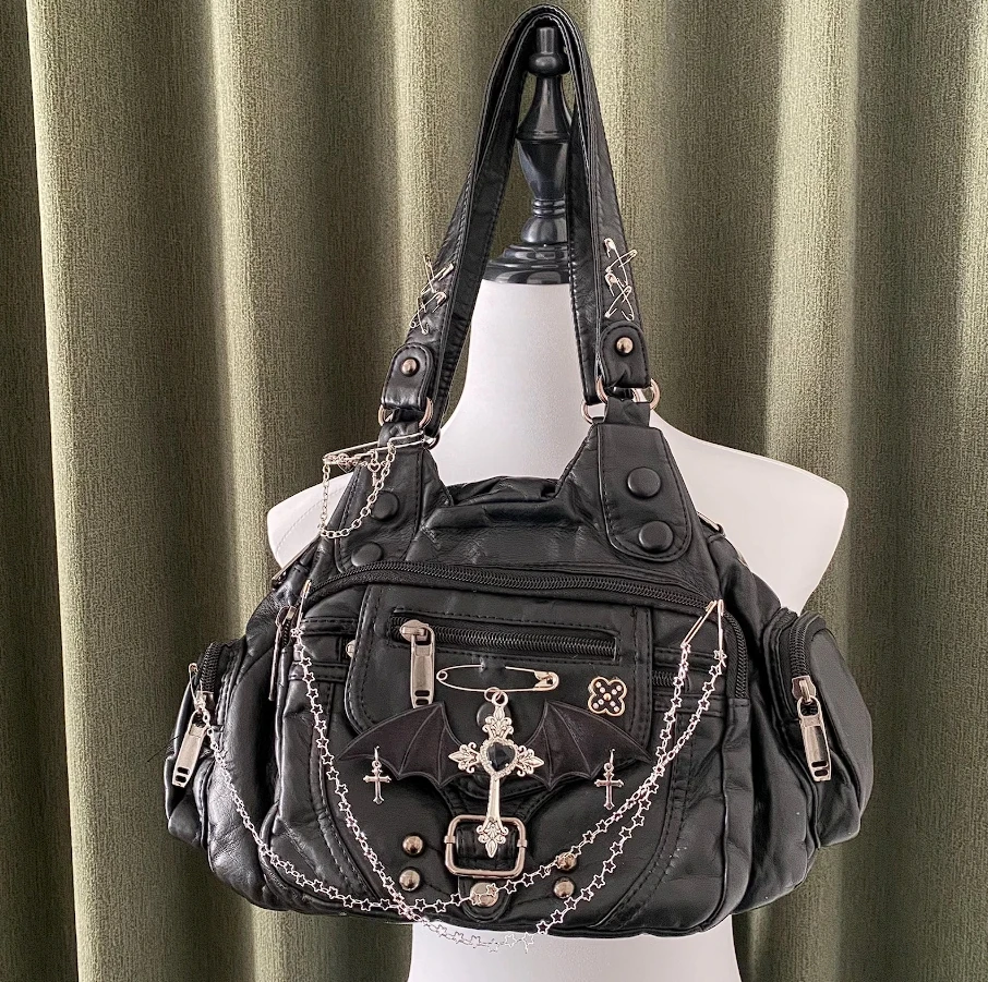 

Y2K PU leather Tote bags original Shoulder bags Unique cute crossbody bag Retro Large Capacity Handbag gothic purse for women