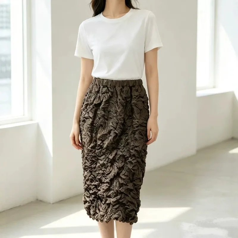 Miyake Pleated Skirt 2026 Autumn New Handmade 3D Ruched Bubble Jupe Women Elastic Waist Versatile Miyake Pleats Bodycon Skirt
